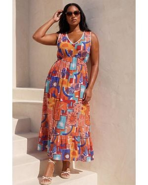 Roman Curve Postcard Print V-Neck Maxi Dress - Red