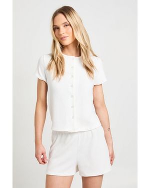 Boohoo Petite Rib Short Sleeve Button Through Top And Set - White