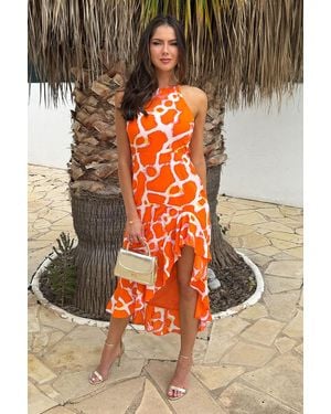 AX Paris Giraffe Print Racer Neck High Low Frill Hem Midi Dress - Orange