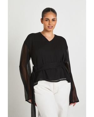 Boohoo Plus Chiffon Trim Wrap Top - Black