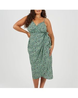Brave Soul Curve V-Neck Sleeveless Midi Wrap Dress - Green