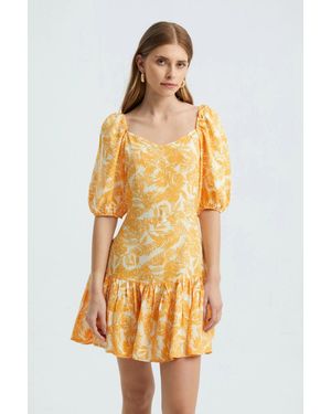 Hiccup Floral V Neck Ruffled Balloon Sleeves Mini Dress - Metallic
