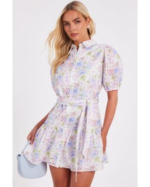 Quiz Embroidered Floral Shirt Dress - White