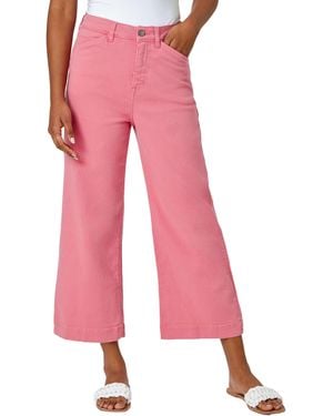 Roman Wide Leg Cotton Jeans Stretch Denim Culottes Cropped Capri Trousers - Pink