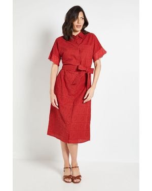 Wallis Broderie Belted Midi Shirt Dress - Red