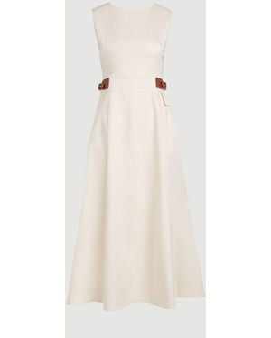 Karen Millen Tailored Linen Tab Waist Detail Full Skirt Midi Dress - Natural