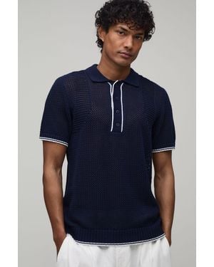 BoohooMAN Regular Fit Open Stitch Knitted Polo - Blue