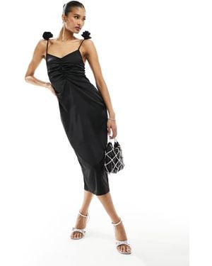 In The Style Satin Ruched Midi Dress With Corsage Strap Detail - Black