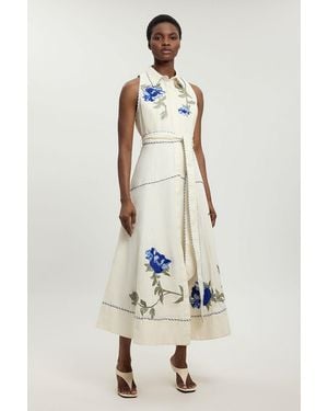 Karen Millen Floral Applique Belted Midi Dress - Natural