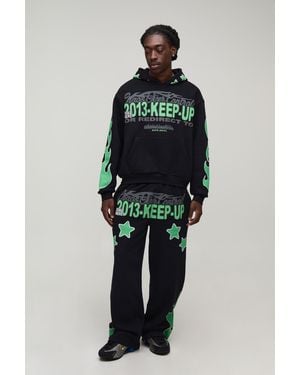BoohooMAN Oversized Boxy Flame Star Slogan Puff Print Hooded Tracksuit - Blue