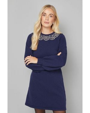 Wallis Petite Embellished Neck Knitted Dress - Blue