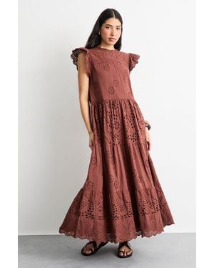 Warehouse Broderie Mix Tiered Midi Dress