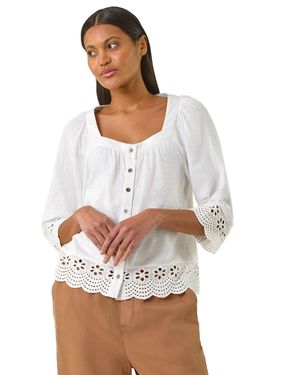 Roman Cotton Broderie Hem Blouse - White