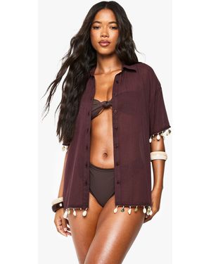Boohoo Shell Embellished Beach Shirts - Brown