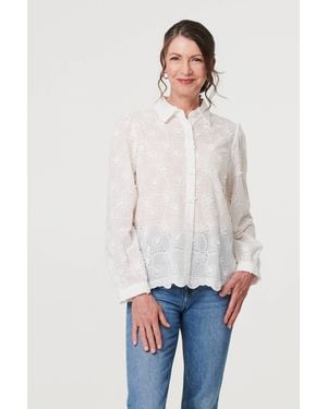 Izabel London Floral Long Sleeve Embroidered Shirt - White