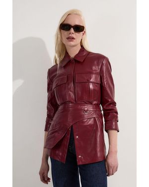 Karen Millen Leather Safari Jacket With Detachable Wrap Belt Detail - Red