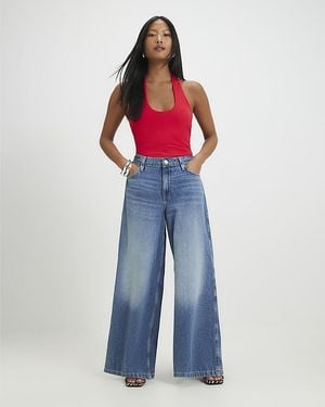 River Island Wide Leg Jeans Petite Elastic Back Cotton - Blue