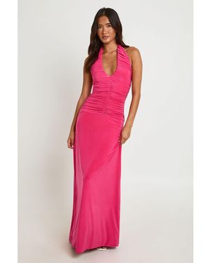 Boohoo Double Layer Ruched Halterneck Maxi Dress - Pink