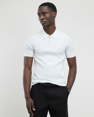 River Island Polo Shirt Muscle Fit Ribbed Short Sleeve Cotton - White
