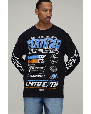 BoohooMAN Oversized Moto Star Print Long Sleeve T-Shirt Cotton - Blue