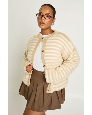 Boohoo Plus Fluffy Crew Neck Knitted Cardigan - Natural
