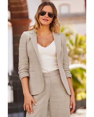 Sosandar Natural Ruched Sleeve Linen Blazer - Brown