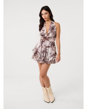 Pink Vanilla Palm Leaf Print Halterneck Dress - Red
