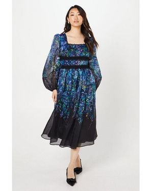 Coast Placement Print Lace Trim Square Neck Midi Dress - Blue