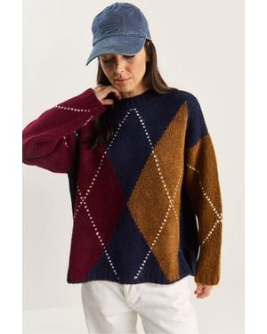 Bianco Lucci Oversized Knitted Diamond Pattern Jumper - Blue