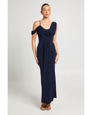 Boohoo Double Layer Slinky Drape Front Cold Shoulder Maxi Dress - Blue
