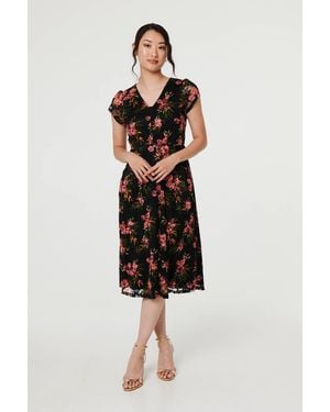 Izabel London Floral Cap Sleeve Shirred Midi Dress - Black