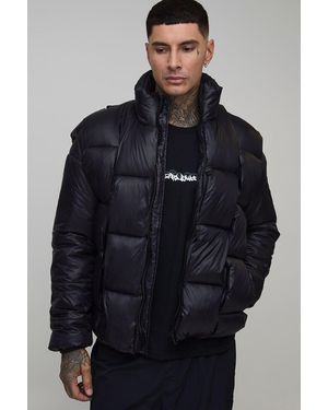 BoohooMAN Tall High Shine Weft Oversized Funnel Neck Puffer Jacket - Blue