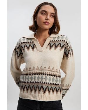 Karen Millen Fairisle Pattern V Neck Knit Jumper - Grey