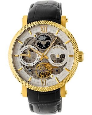 Heritor Aries Skeleton Leather-Band Watch - Metallic