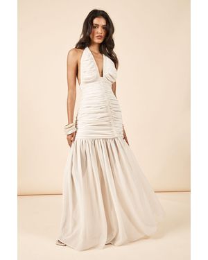 Boohoo Chiffon Extreme Ruched Plunge Front Maxi Dress - Natural