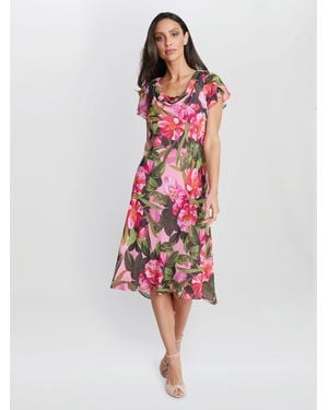 Gina Bacconi Ophelia Midi Printed Cowl Neck Dress With Shoulder Embellishment - Red