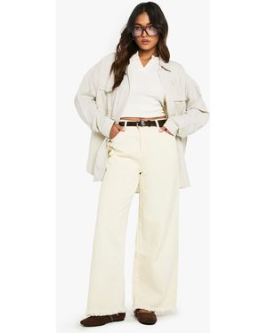 Boohoo Petite Fray Hem Ecru Wide Leg Jean - Natural