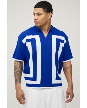 BoohooMAN Oversized Boxy Border Knitted Polo - Blue