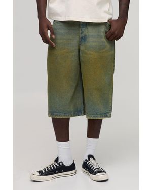BoohooMAN Longline Tinted Denim Jorts - Green