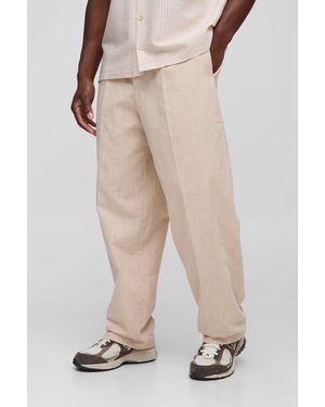 BoohooMAN Relaxed Fit Linen Blend Trousers - Natural