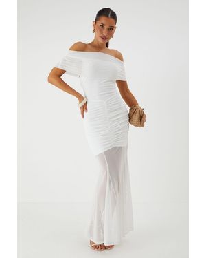 MissPap Off Shoulder Mesh Overlay Maxi Dress - White
