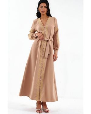 Msn-Collection Embroidered V-Neck Maxi Dress - Natural