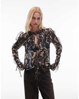 TOPSHOP Ruffle Sleeve Sheer Tie Front Top - Black