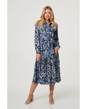 Izabel London Floral Tie Waist Tiered Midi Dress - Blue
