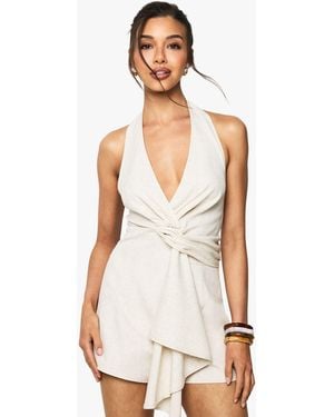 Boohoo Linen Look Twist Neck Halterneck Playsuit - White