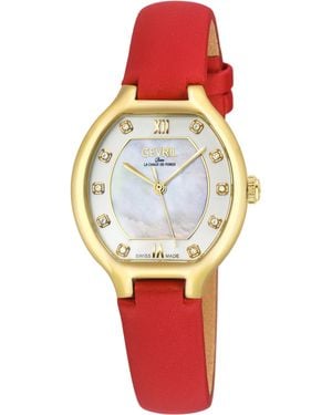 Gevril Lugano Swiss Diamond Watch, Mop Dial, 316L Stainless Steel Ipyg Case, Geniune Italian Leather Strap - Red