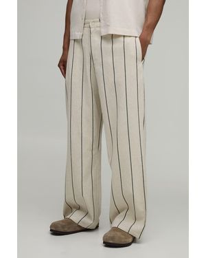 BoohooMAN Wide Leg Pinstripe Linen Look Trousers - Natural