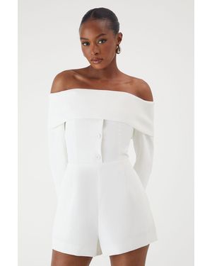 MissPap Bardot Fold Over Detail Button Playsuit - White