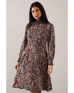 Wallis Print Key Hole Detail Satin Midi Dress - Brown