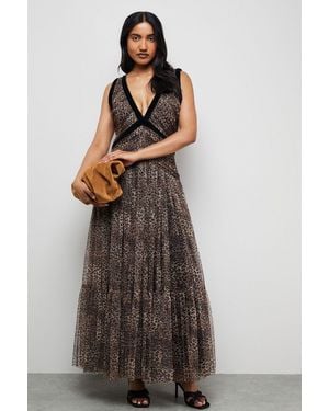 Warehouse Velvet Trim Leopard Tulle Maxi Dress - Brown
